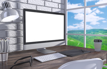 Fototapeta premium 3D illustration PC screen on table in office, Workspace
