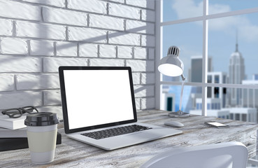 3D illustration laptopand work stuff on table near brick wall