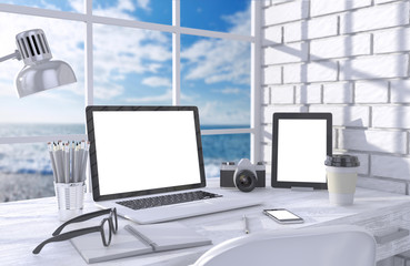 3D illustration laptopand work stuff on table near brick wall