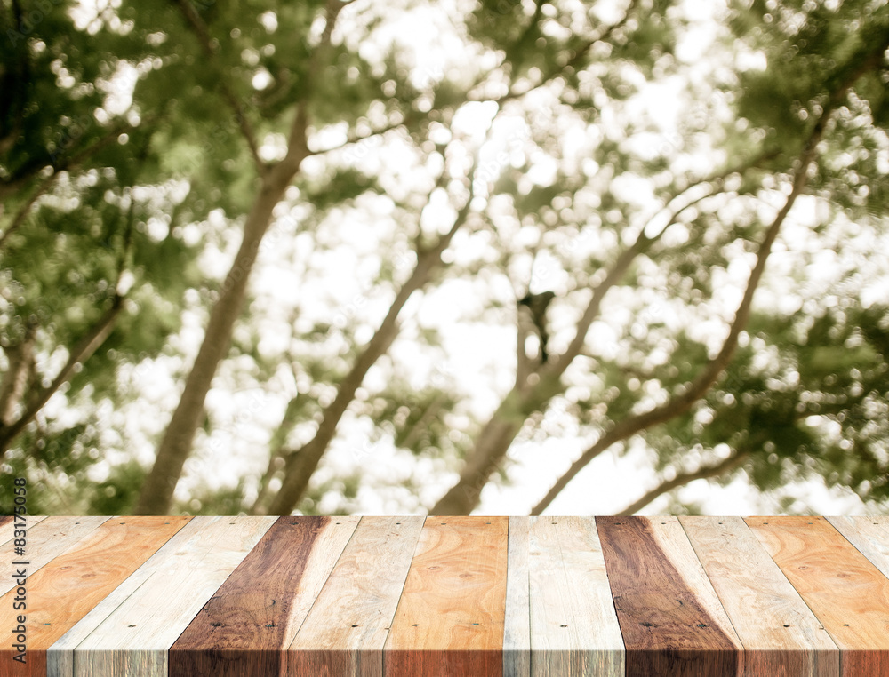 Poster Empty perspective table with blurred green tree forest,Template