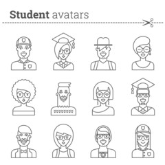 Set of student avatars. Stock vector icons.