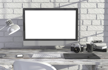 Fototapeta premium 3D illustration PC screen on table near brick wall Workspace