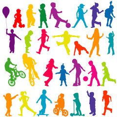 Set of colored silhouettes of active children