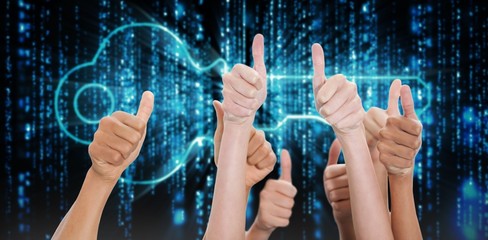 Composite image of hands up and thumbs raised - Powered by Adobe