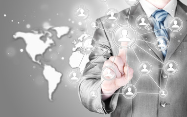 man hand pressing social media icon