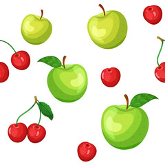 Seamless pattern of green apples and cherries