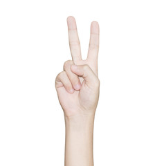 closeup hand gesture victory isolated white clipping path inside