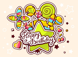 Vector illustration of green star and pile of sweets with text h