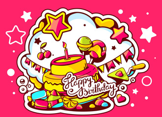 Vector illustration of cake with candle, sweets and flags with t