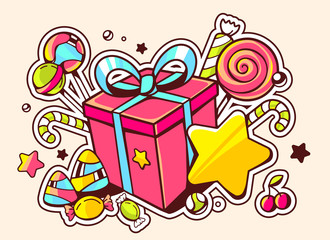 Vector illustration of gift box and confection  on light backgro