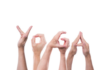 Das Wort Yoga vor weiß freigestellt