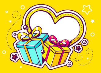 Vector illustration of gift boxes with heart on yellow backgroun