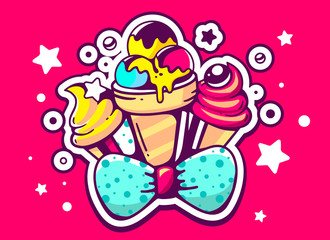 Vector illustration of set yellow and pink ice creams with blue