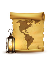 Vintage vector scrolled map with lantern.