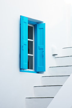Detail of a typical Greece house with blue shuters