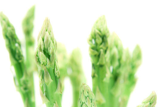 Asparagus arrange in a white cup on white background