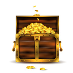 Vintage wooden chest opened with golden coins.