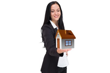 Composite image of pretty businesswoman presenting with hand