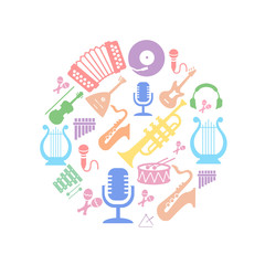 Multicolored music instruments  silhouette in circle shape