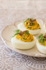 Stuffed eggs with mushrooms, green onions, dill and mayonnaise