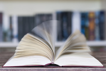 Aufgeschlagenes Buch vor Buecherregal