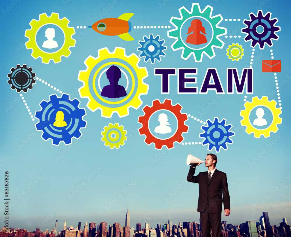 Poster team functionality industy teamwork connection technology concep