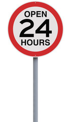 A modified road sign indicating Open 24 Hours

