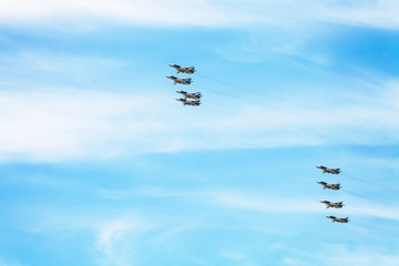 flight of military battleplane aircrafts in sky