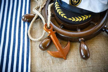 Decorative wooden ship anchored at the helm