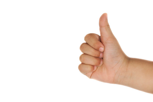 child hand with thump up isolated on white background