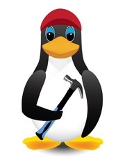 Penguin in a cap with a hammer