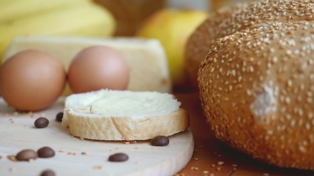 Slowmotion. Healthy breakfast on the table close up 