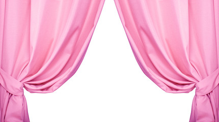 Pink curtain collected in folds ribbon isolated on a white