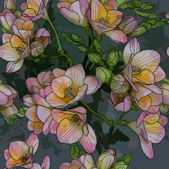 Fotobehang seamless pattern with Beautiful bouquet of spring freesias © acnaleksy