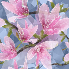 Naklejki  Bezszwowe tło z kwitnącymi kwiatami magnolii w trójkątach