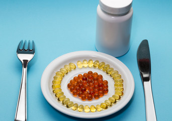 Yellow red pills,plate and bottle
