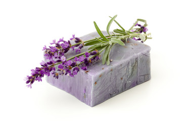 Natural lavender soap with lavender flowers on it