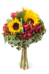 Obraz premium Alstroemeria and sunflowers bouquet isolated on white