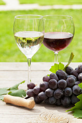White and red wine glasses and red grape