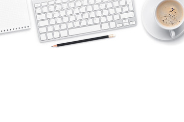 Office desk table with computer, supplies and coffee cup