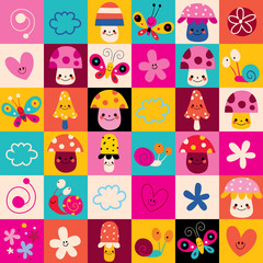 mushrooms, flowers, butterflies, hearts, snails nature pattern