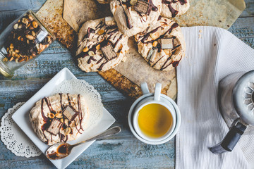 french vanilla meringue with chocolate and caramel, sweet cake,