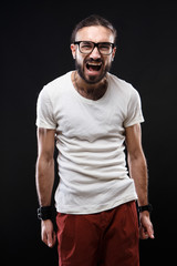 Charismatic guy in a white shirt and glasses, emotions
