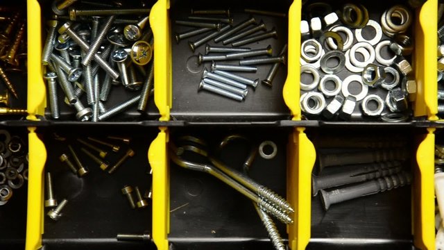 Screw and dowel in plastic organizer box. fasteners