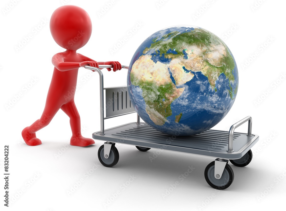 Poster man and handtruck with globe (clipping path included)