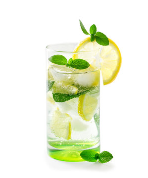 Cocktail with lemon and mint, isolate on a white background.