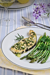 Grill slice sword fish with asparagus, Italian food