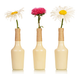 Three flowers in vases