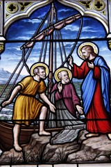 Naklejka premium Pêcheurs, vitrail de l'église Saint-Seine à Corbigny, Bourgogne