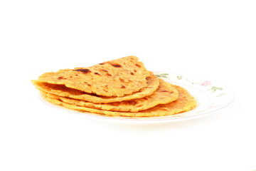indian food tortilla paratha or chapati in pure white background